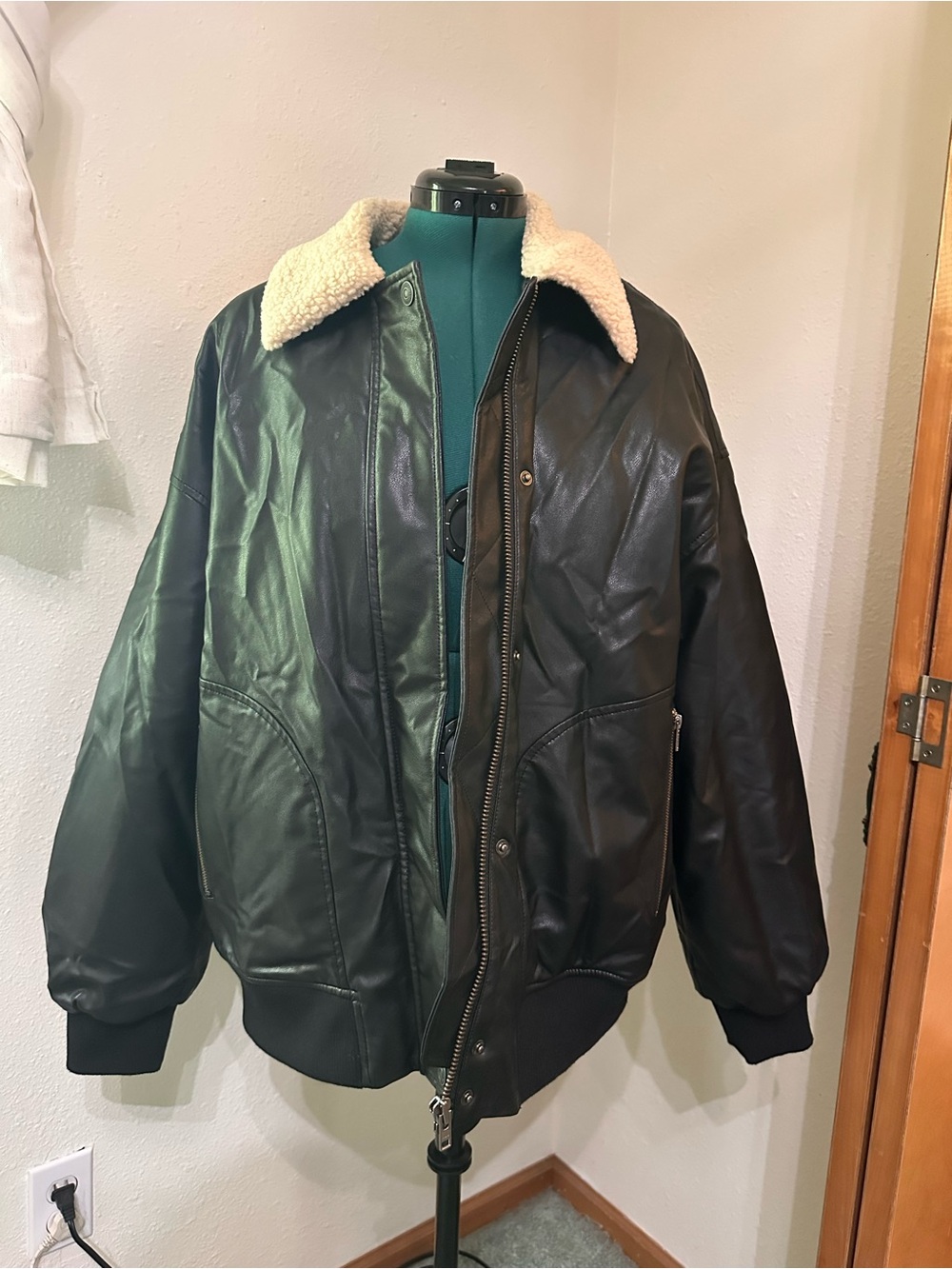 We The Free Black Bomber Jacket with Cream Sherpa Collar